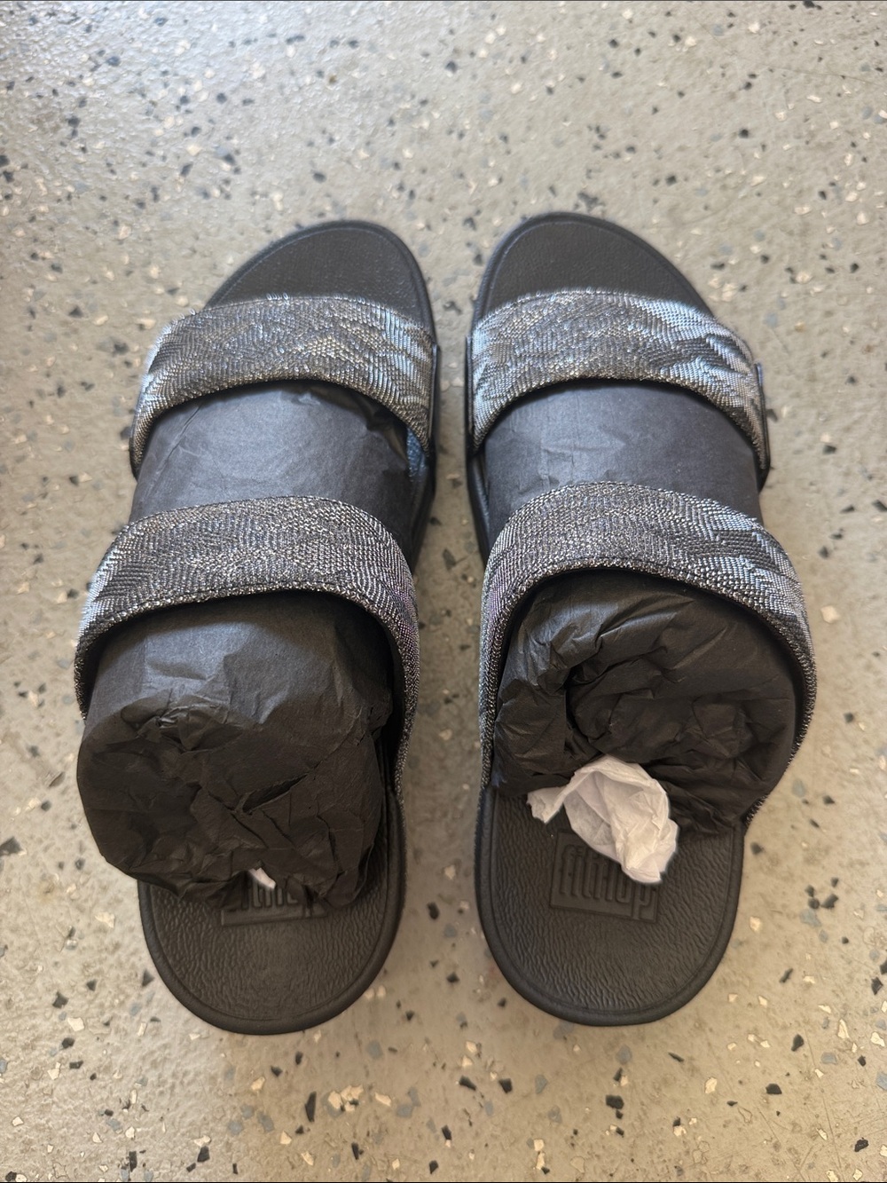 NWT FitFlop Lulu Glitz Slides Black Sparkle Double-Strap Women Slides size 9